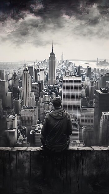 un hombre está mirando por una ventana a un paisaje urbano