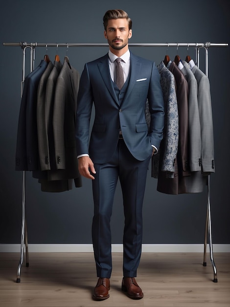 Un hombre está modelando en un traje con un estante de ropa detrás de él