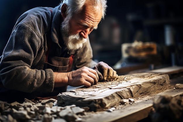 un hombre está moliendo un pedazo de madera en el suelo