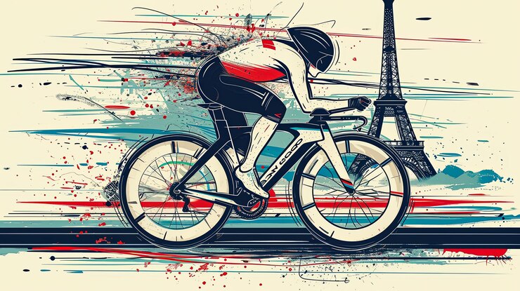 Un hombre está montando una bicicleta frente a la Torre Eiffel