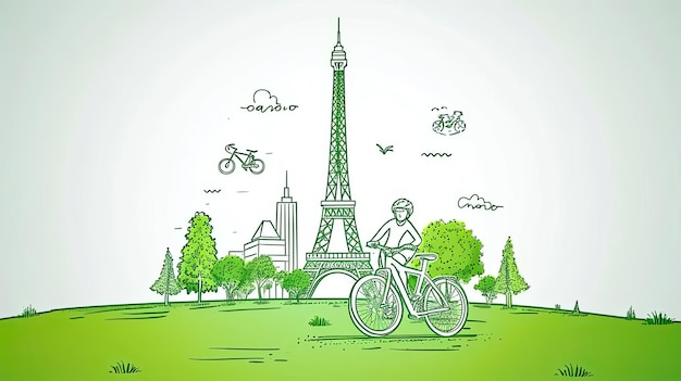 Un hombre está montando una bicicleta frente a la Torre Eiffel