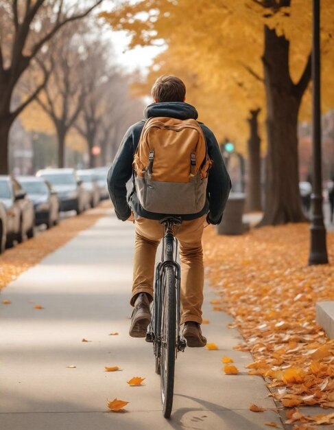 un hombre está montando una bicicleta con una mochila en ella