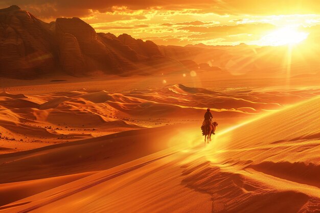 Un hombre está montando un camello en el desierto.