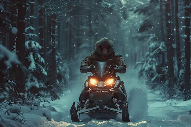 Un hombre está montando una moto de nieve a través de un bosque nevado