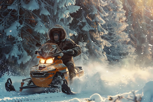 Un hombre está montando una moto de nieve a través de un bosque nevado