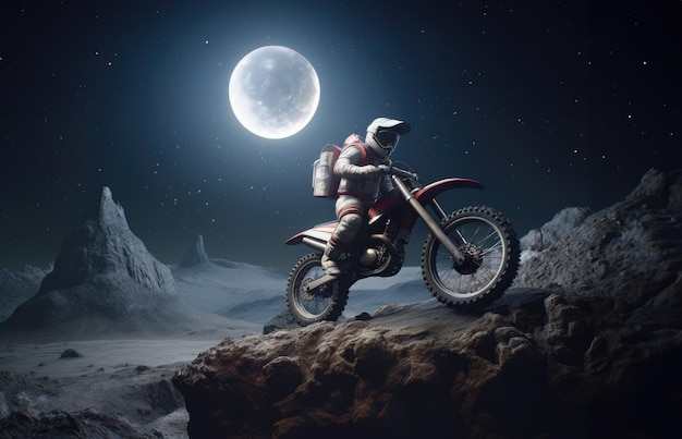 El hombre está montando una motocicleta en un fondo oscuro de roca y luna