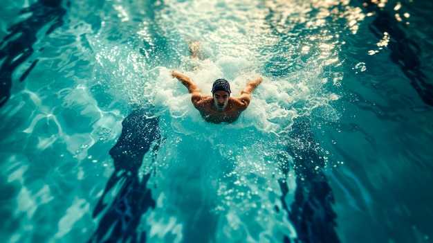 Un hombre está nadando en una piscina con una gorra de natación