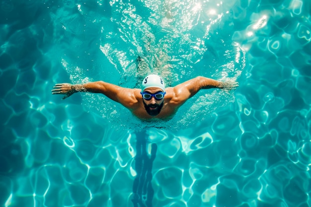 Un hombre está nadando en una piscina con una gorra de natación