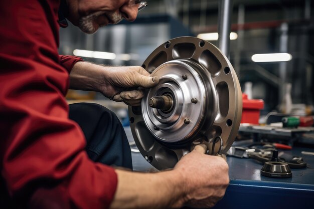 Un hombre está operando y reparando piezas mecánicas.