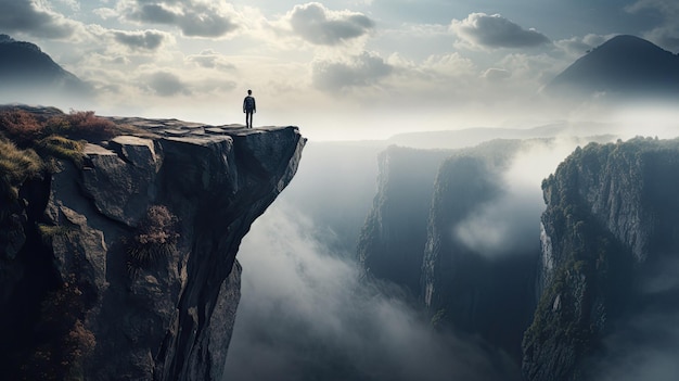 un hombre está parado en un acantilado y mira al cielo.