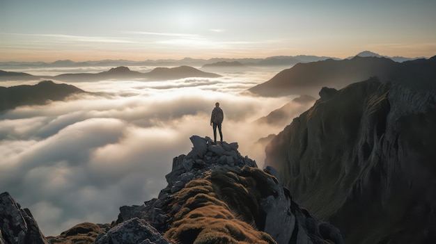 Un hombre está parado en un acantilado con vistas a un mar de nubes.