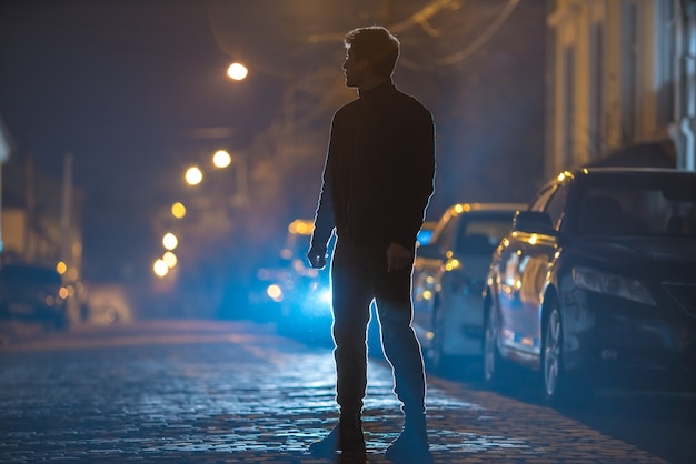 El hombre está parado en el camino de piedra. Tarde por la noche. Disparo con teleobjetivo