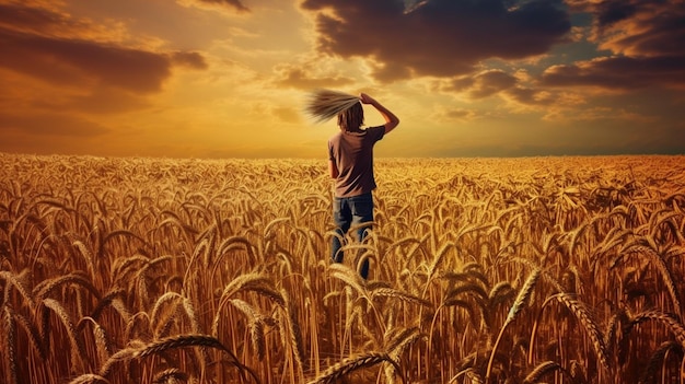 Un hombre está parado en un campo de trigo mirando hacia el cielo.