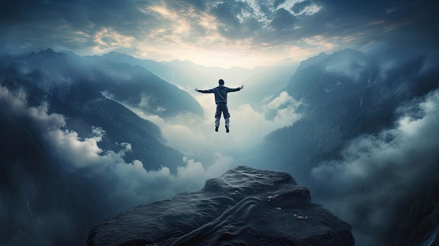 Un hombre está parado en la cima de una montaña con los brazos extendidos sobre las nubes.