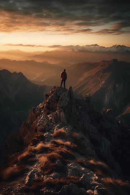 Un hombre está parado en la cima de una montaña con el sol poniéndose detrás de él.