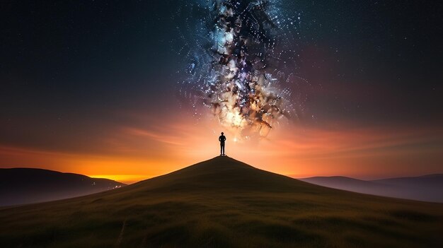 Un hombre está parado en una colina con el cielo de fondo.