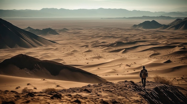 Un hombre está parado en una colina en el desierto, con montañas al fondo.