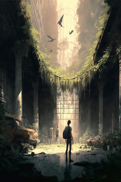 Un hombre está parado en un edificio abandonado con un árbol en medio.