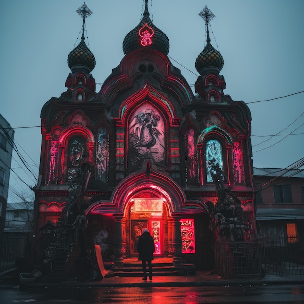 un hombre está parado frente a una iglesia con una luz rosa