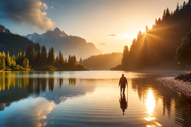 Un hombre está parado en un lago con montañas al fondo.