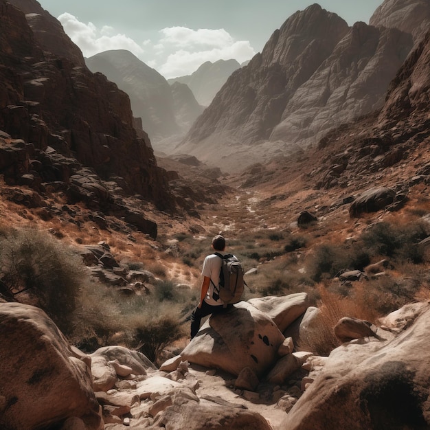 Un hombre está parado en una roca en el desierto mirando las montañas.