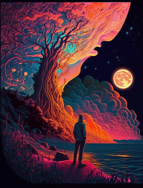 Un hombre está parado en una roca mirando un árbol con la luna al fondo.