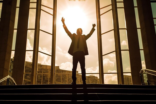 Un hombre está parado en un tramo de escaleras con el sol brillando a través de la ventana detrás de él.