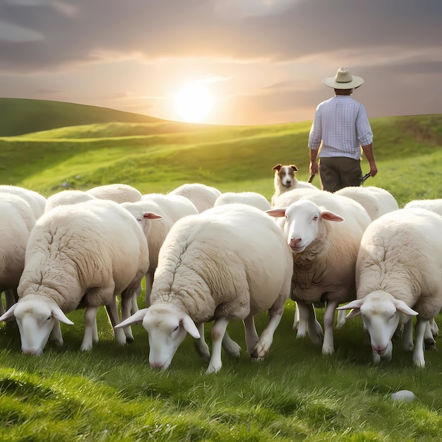 un hombre está pastoreando ovejas en un campo con el sol detrás de él