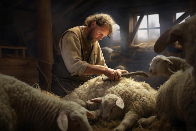 un hombre está pastoreando ovejas con una oveja en el fondo.