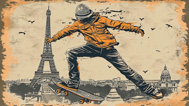 Un hombre está patinando frente a la Torre Eiffel