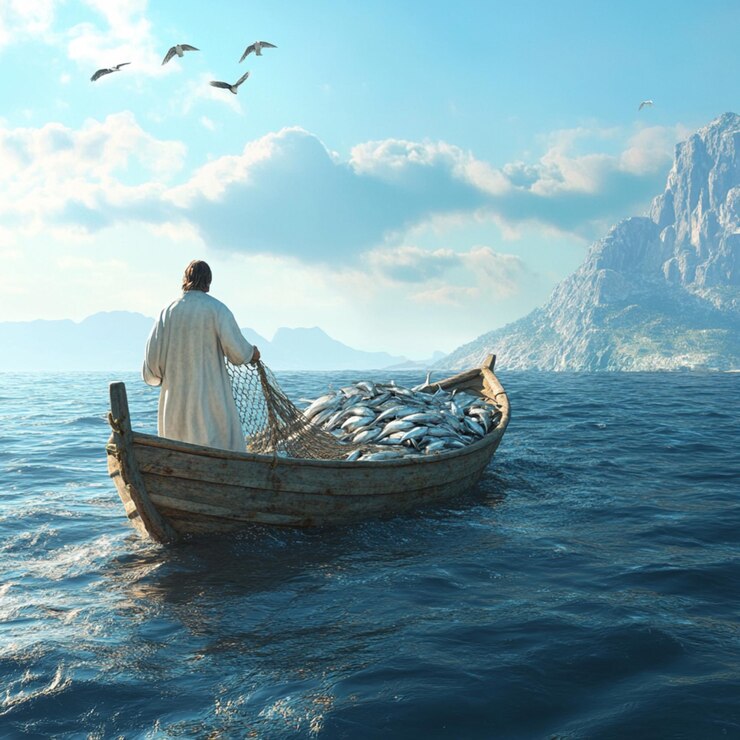 un hombre está pescando con un barco lleno de peces