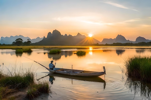 Un hombre está pescando en un bote con el sol detrás de él.