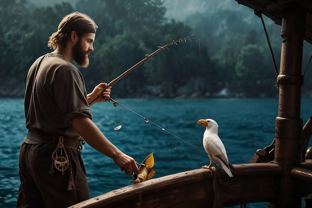 un hombre está pescando con un pez que tiene un pez enganchado luchando contra el Leviatán una persecución de piratas