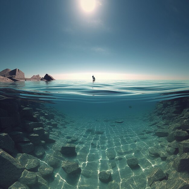 Un hombre está de pie en el agua y el agua está debajo del agua.