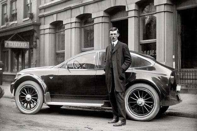 un hombre está de pie al lado de un coche que dice el número 46