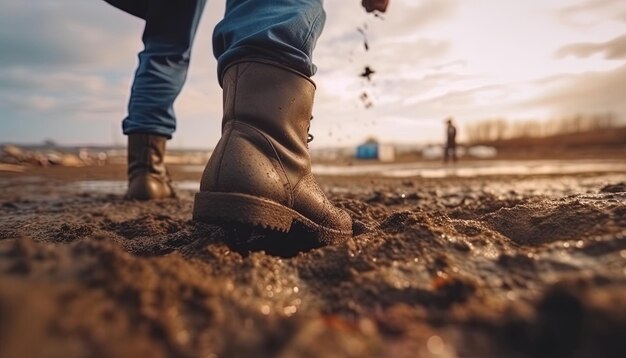 un hombre está de pie en el barro y el otro está usando botas