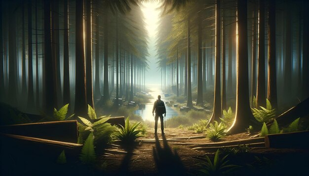 un hombre está de pie en un bosque con un hombre de pie en el medio de ella
