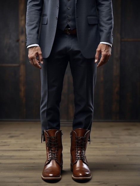 Un hombre está de pie con botas, zapatos y traje.