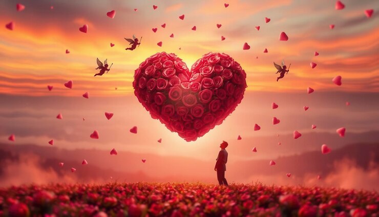 un hombre está de pie en un campo de flores con un corazón en forma de corazón