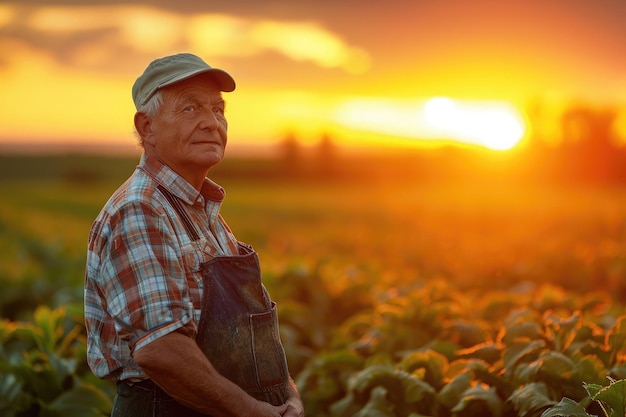Un hombre está de pie en un campo mientras el sol se pone creando una atmósfera cálida y vibrante Retrato de un granjero al atardecer Generado por IA