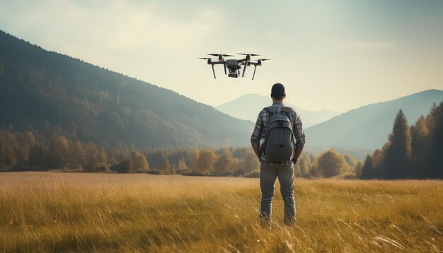 Un hombre está de pie en un campo con una mochila y un dron