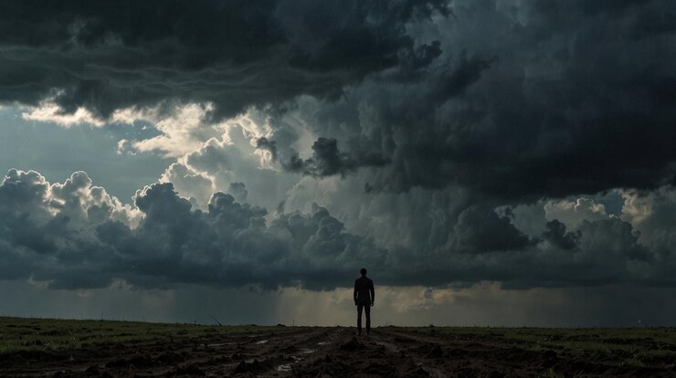 un hombre está de pie en un campo con nubes de tormenta en el fondo