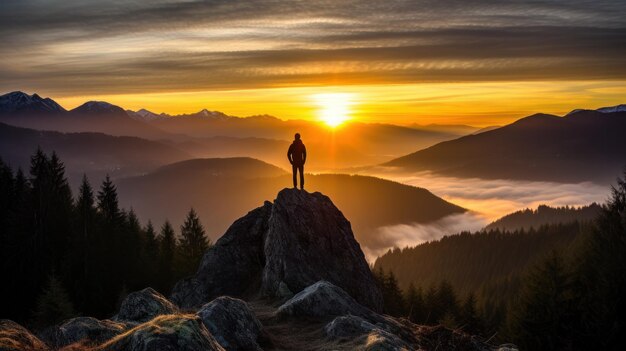 Un hombre está de pie en la cima de una montaña al amanecer con vistas a un paisaje impresionante