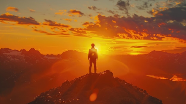 Un hombre está de pie en la cima de una montaña al atardecer el cielo es naranja y el sol se está poniendo el hombre está mirando hacia el paisaje disfrutando de la belleza del momento