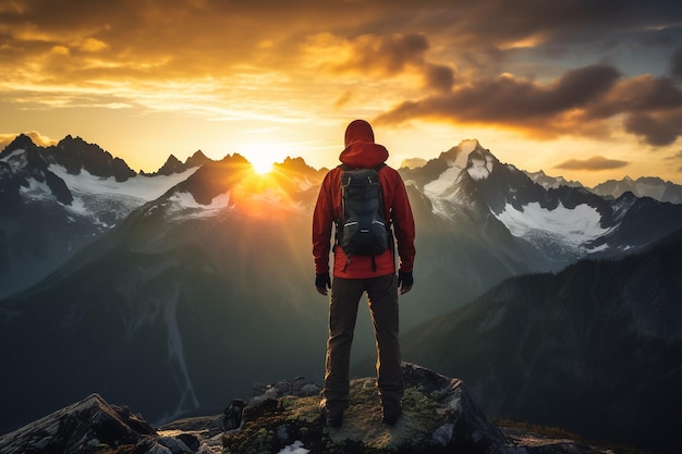 un hombre está de pie en la cima de una montaña mirando el atardecer