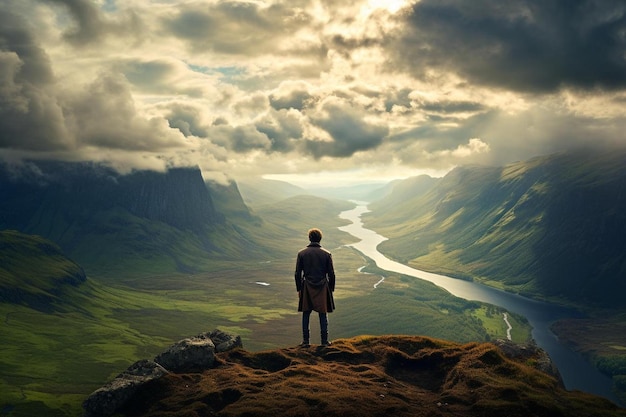 un hombre está de pie en la cima de una montaña mirando un río y montañas.