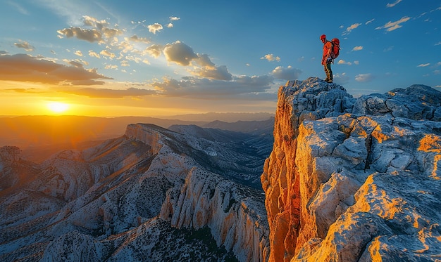 un hombre está de pie en la cima de una montaña con una montaña en el fondo