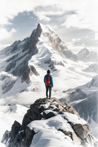 un hombre está de pie en la cima de una montaña con el nombre de la montaña en la cima.