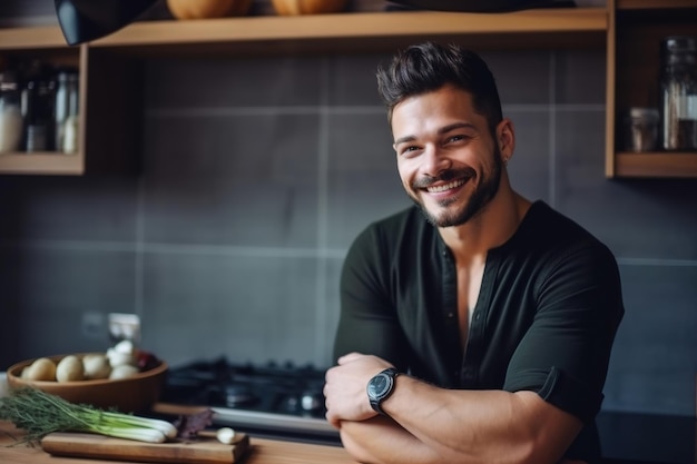 Un hombre está de pie en una cocina con los brazos cruzados y la cabeza apoyada en un mostrador.