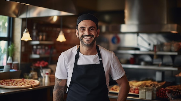 El hombre está de pie en la cocina contra un telón de fondo de pizza y un horno